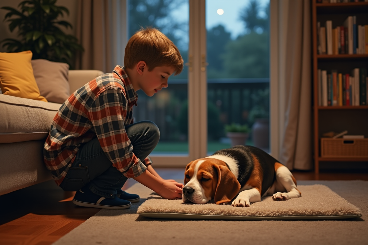 Jeune garçon caressant son beagle dans le salon