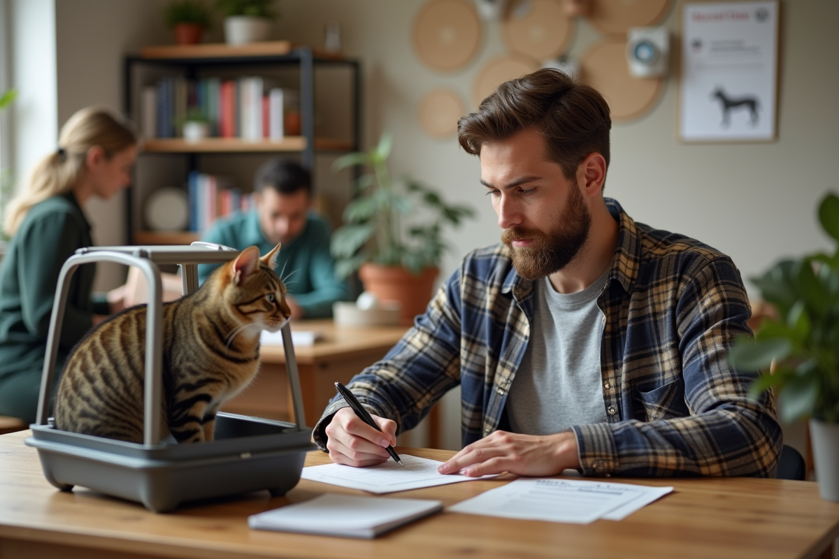 Homme signant un contrat d adoption avec un chat en refuge