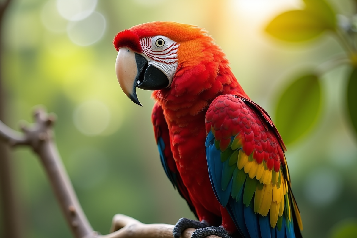 Ara rouge en gros plan sur une branche en plein jour