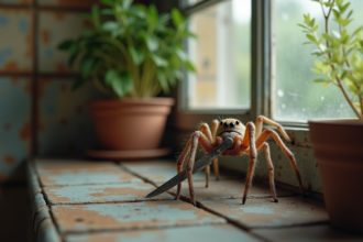 Gros plan d'une araignee de jardin tenant un petit couteau en intérieur