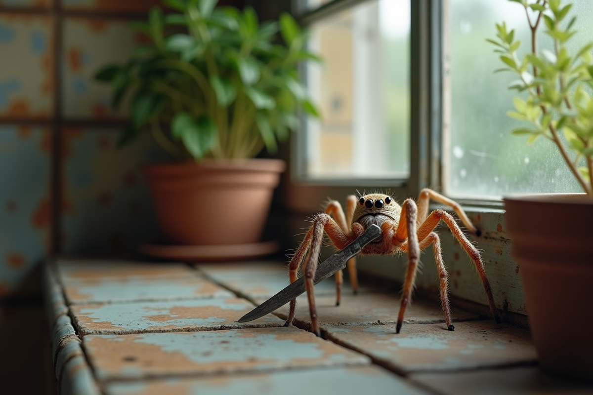 Gros plan d'une araignee de jardin tenant un petit couteau en intérieur