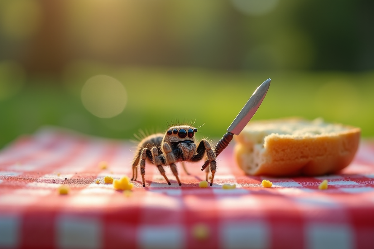 Jeune araignee sautante sur une couverture à carreaux dans un parc