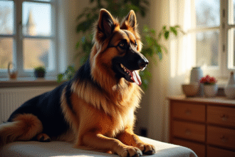 Chien berger allemand à poil long being brossé dans un salon lumineux