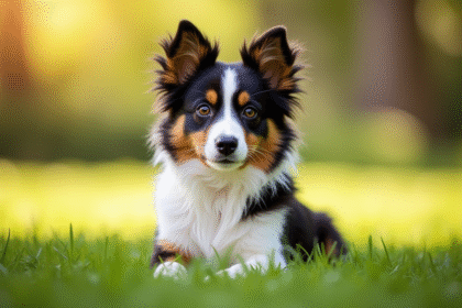 Chien berger australien miniature assis dans un parc ensoleille