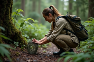 Biologiste dans la forêt examine un piège animal silencieux