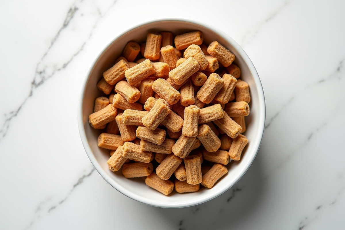 Bol de croquettes grainfree sur comptoir blanc en gros plan
