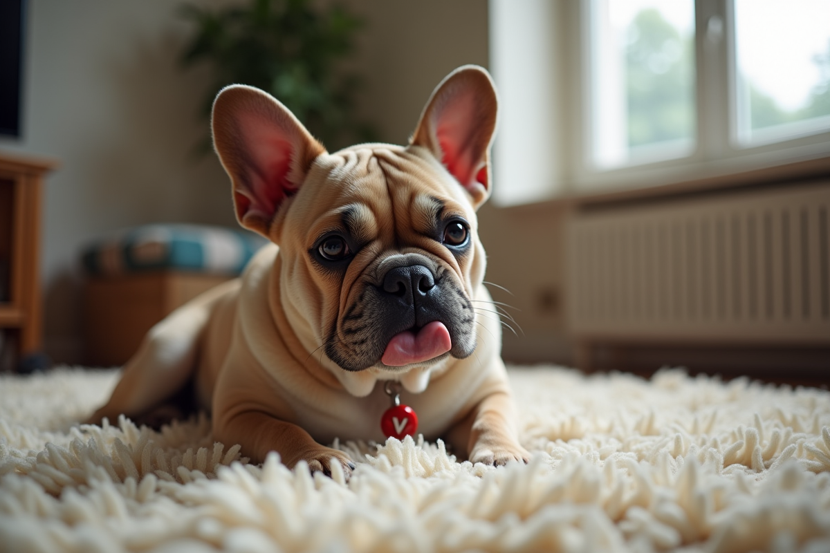 Bouledogue francais relaxe sur tapis dans le salon