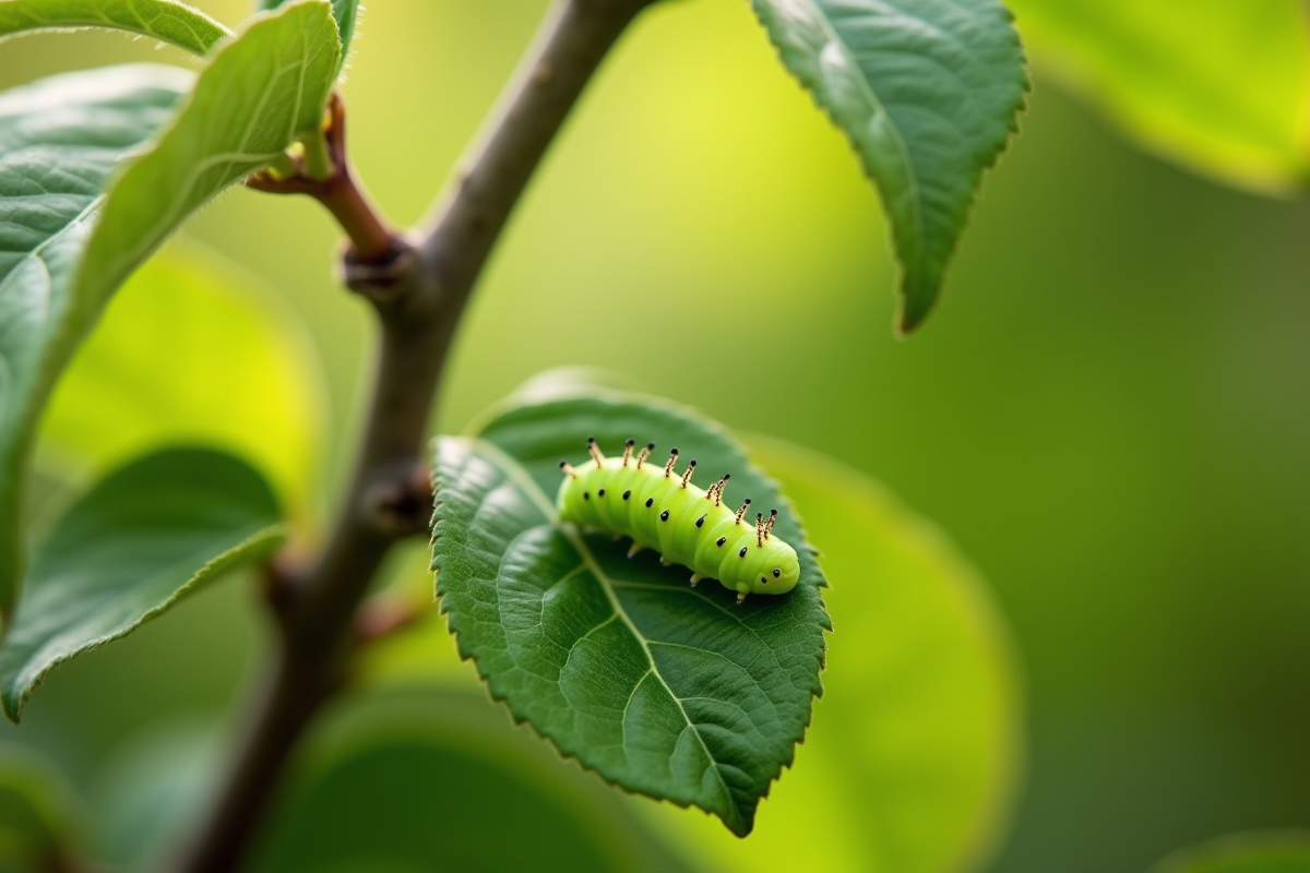 Raisin de pommier avec chenille verte sur feuille