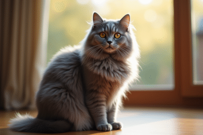 Chat angora gris assis près d'une fenêtre ensoleillée