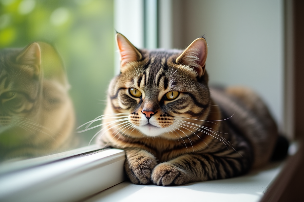 Chat British Shorthair brun allongé sur une fenêtre en lumière naturelle
