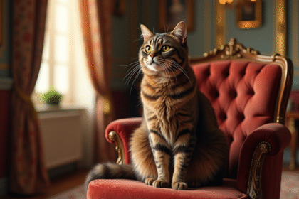 Chat British Shorthair brun sur fauteuil en velours dans un salon victorien