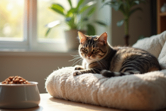 Chat domestique calme sur un coussin ensoleille dans un salon