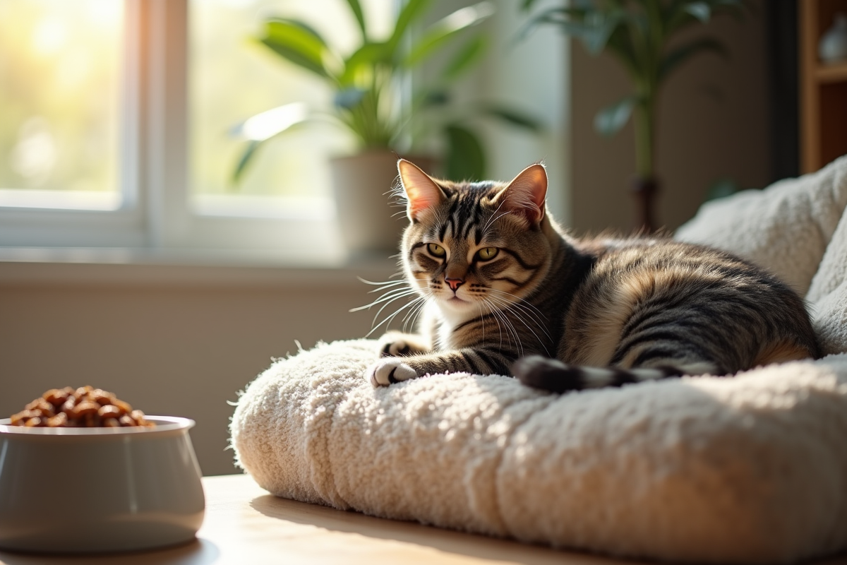 Chat domestique calme sur un coussin ensoleille dans un salon