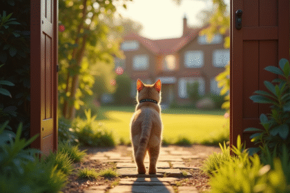 Chat domestique avec collier sortant d'une porte de jardin