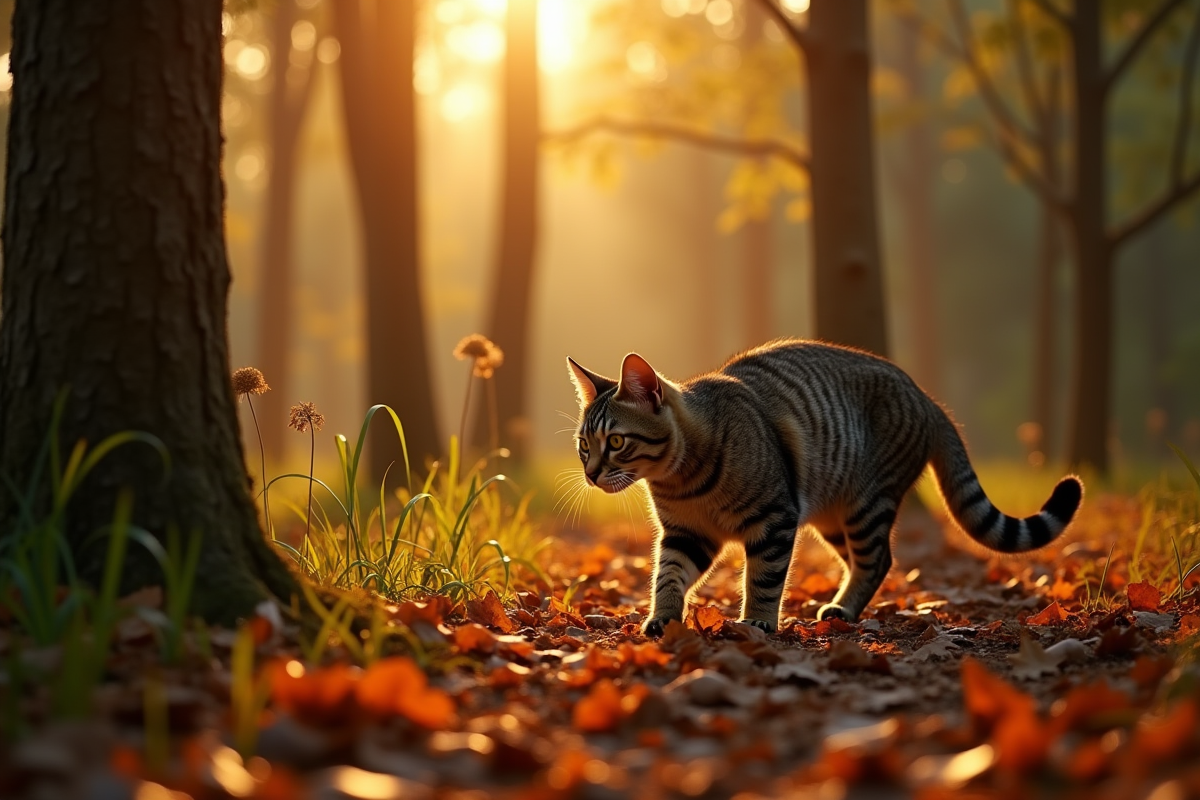 Chat tigré explorant une forêt en automne au coucher du soleil