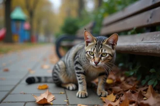 Chat errant nervieux près d'un banc dans un parc urbain