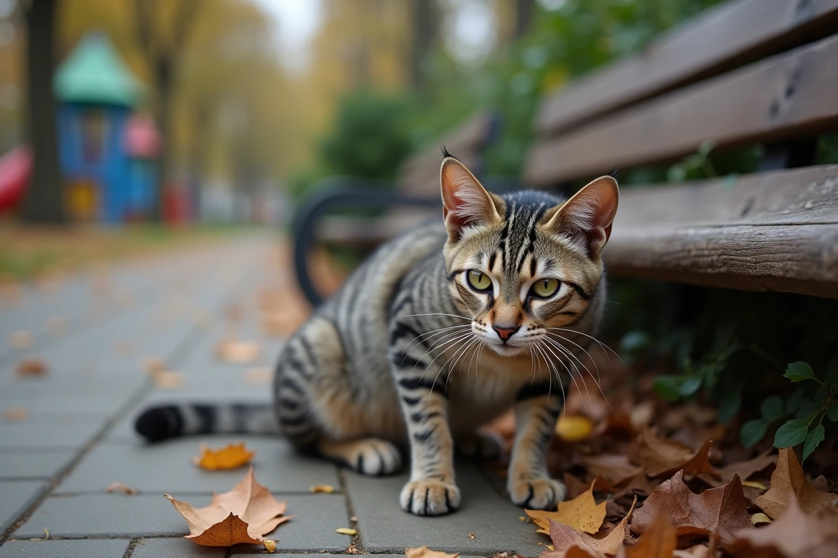 Chat errant nervieux près d'un banc dans un parc urbain