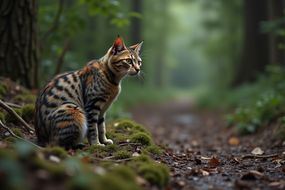 Chat errant dans la forêt avec végétation dense
