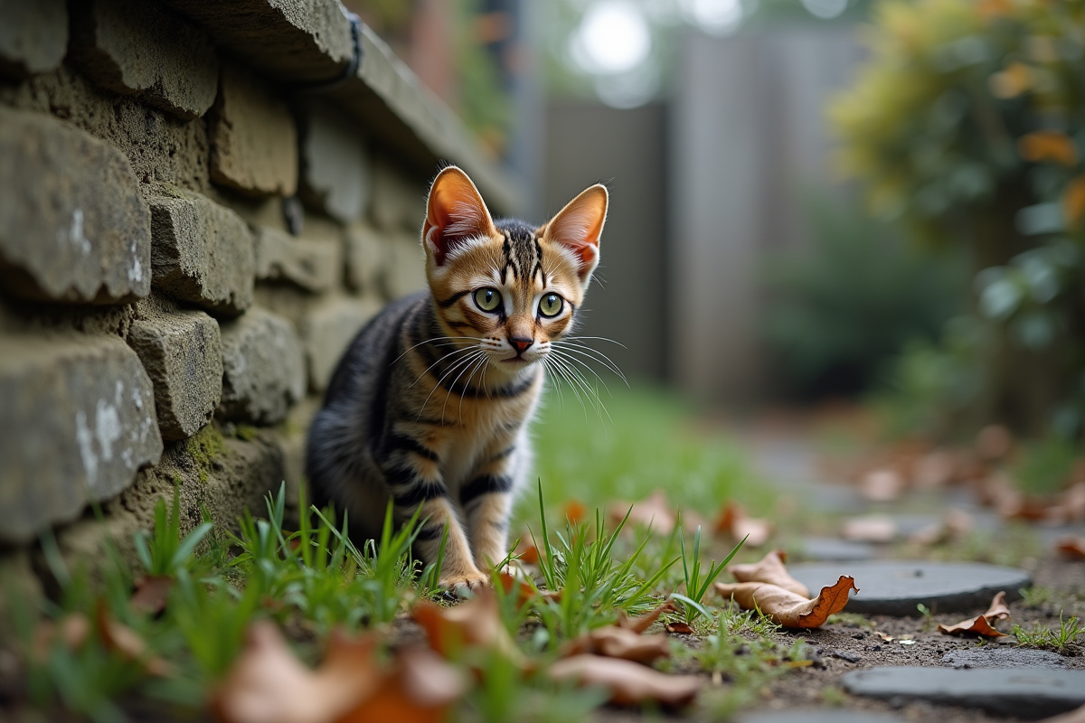 Jeune chat domestique tabby dans un jardin abandonné