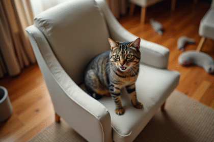Chat tabby en action sur un fauteuil beige dans un salon chaleureux