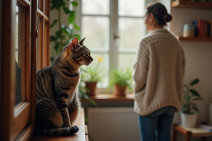 Chat tabby assis sur un rebord de fenêtre vintage dans un salon paisible