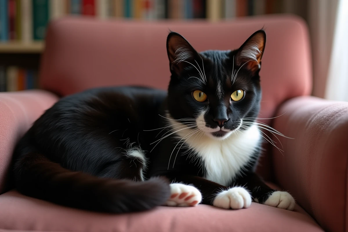 Chat noir et blanc en smoking endormi sur un fauteuil en velours rose dans un salon douillet avec bibliothèque en arrière-plan