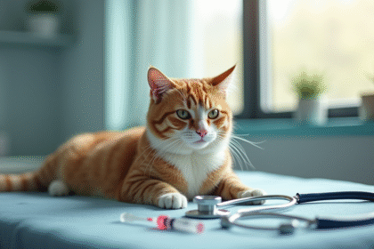 Chat domestique calme sur table de vet, stethoscope et seringue
