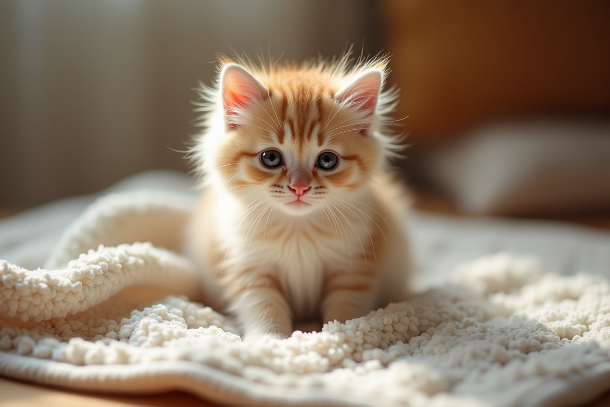 Chaton pelucheux assis sur un tapis absorbant humide