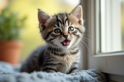 Chaton gris curieux près d'une fenêtre ensoleillée