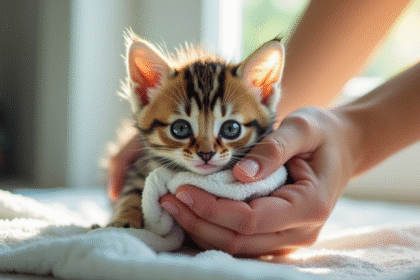 Petit chaton mouillé being doucement séché par des mains