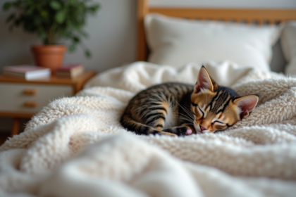Petit chaton tabby endormi sur une couverture douce
