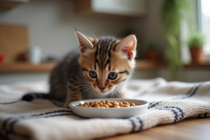 Chaton tigré de six semaines mangeant dans une assiette