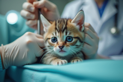 Jeune chaton examiné par un vétérinaire sur une table