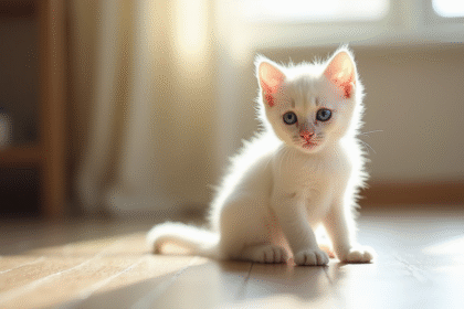 Chaton blanc aux yeux bleus sur un sol en bois ensoleille