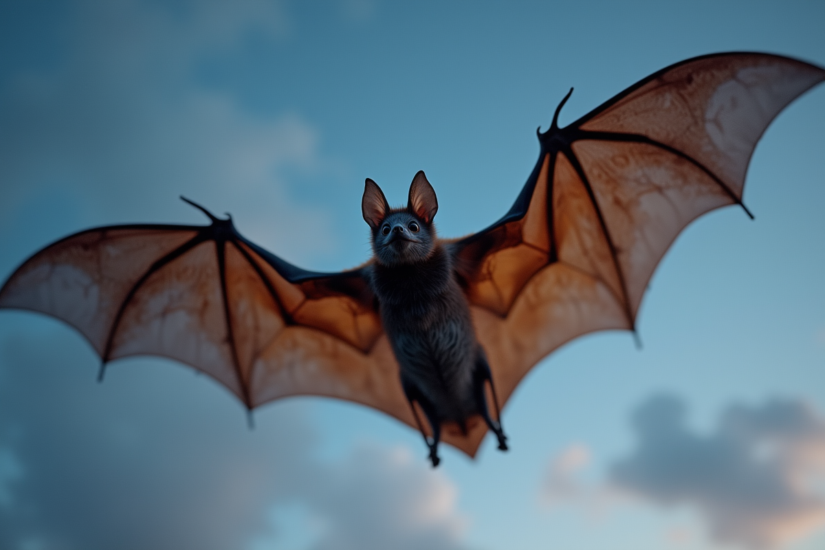 Chauve-souris en vol au crépuscule avec ailes déployées