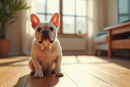 Bouledogue français fluffy dans un salon lumineux