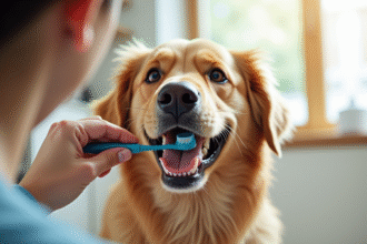Chien heureux lors du brossage des dents avec une brosse spéciale