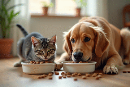 Chien golden retriever et chat gris mangeant croquettes grainfree