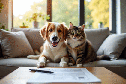 Chien heureux et chat détendu sur un canapé lumineux