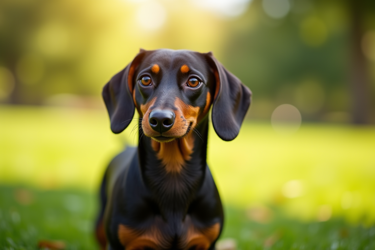 Dachshund debout dans un parc ensoleille avec regard vif