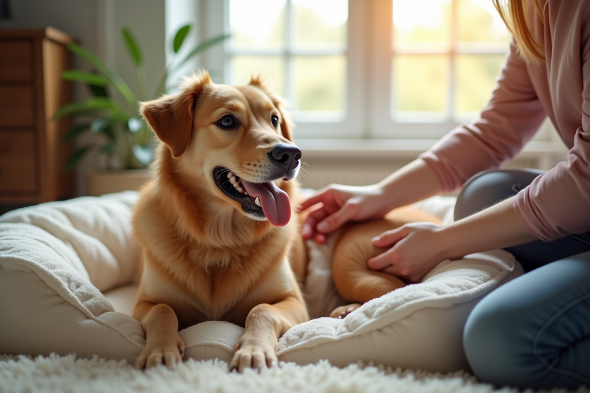 Chien heureux recevant un soin apaisant à la maison