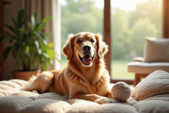 Golden Retriever heureux dans une pension moderne et chaleureuse