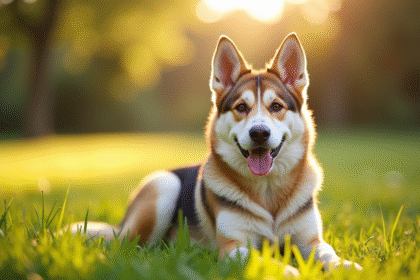 Chien mix German Shepherd et Husky assis dans un parc ensoleille