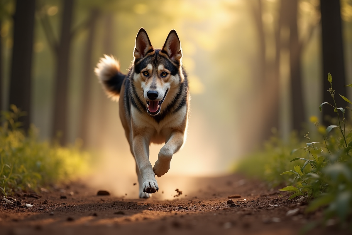 Chien mix German Shepherd et Husky courant dans la foret