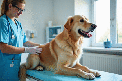 Chien retriever lors d'un examen vétérinaire rassurant