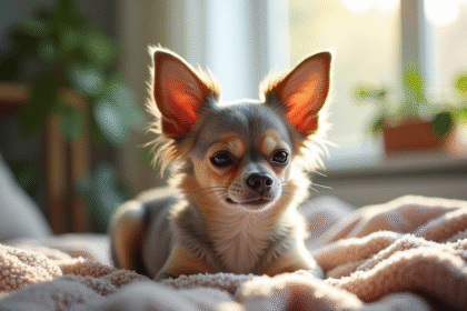 Chihuahua âgé reposant paisiblement sur une couverture