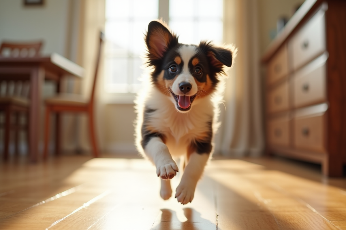 Chiot berger australien miniature courant dans la maison