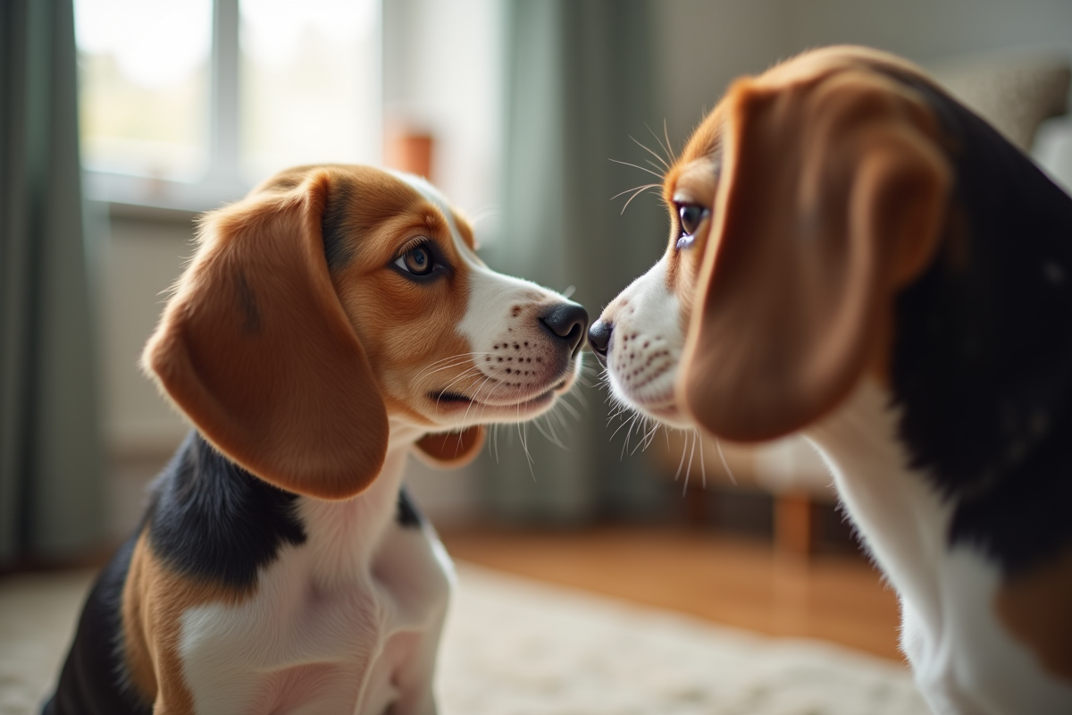 Chiot beagle observant un autre chien lors d