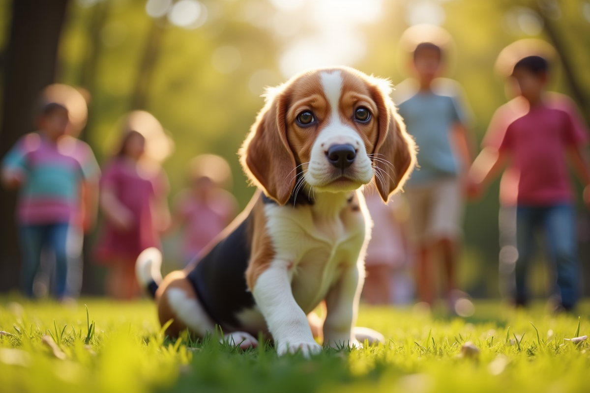 Chiot beagle jouant avec des enfants dans un parc ensoleille