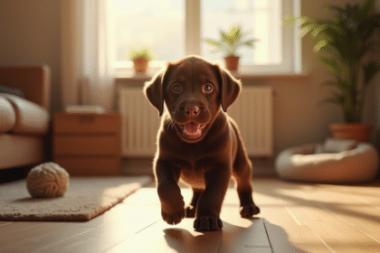 Chiot labrador chocolat découvrant un salon chaleureux
